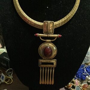 Elegant Brass tone and Cranberry  Pendant Necklace